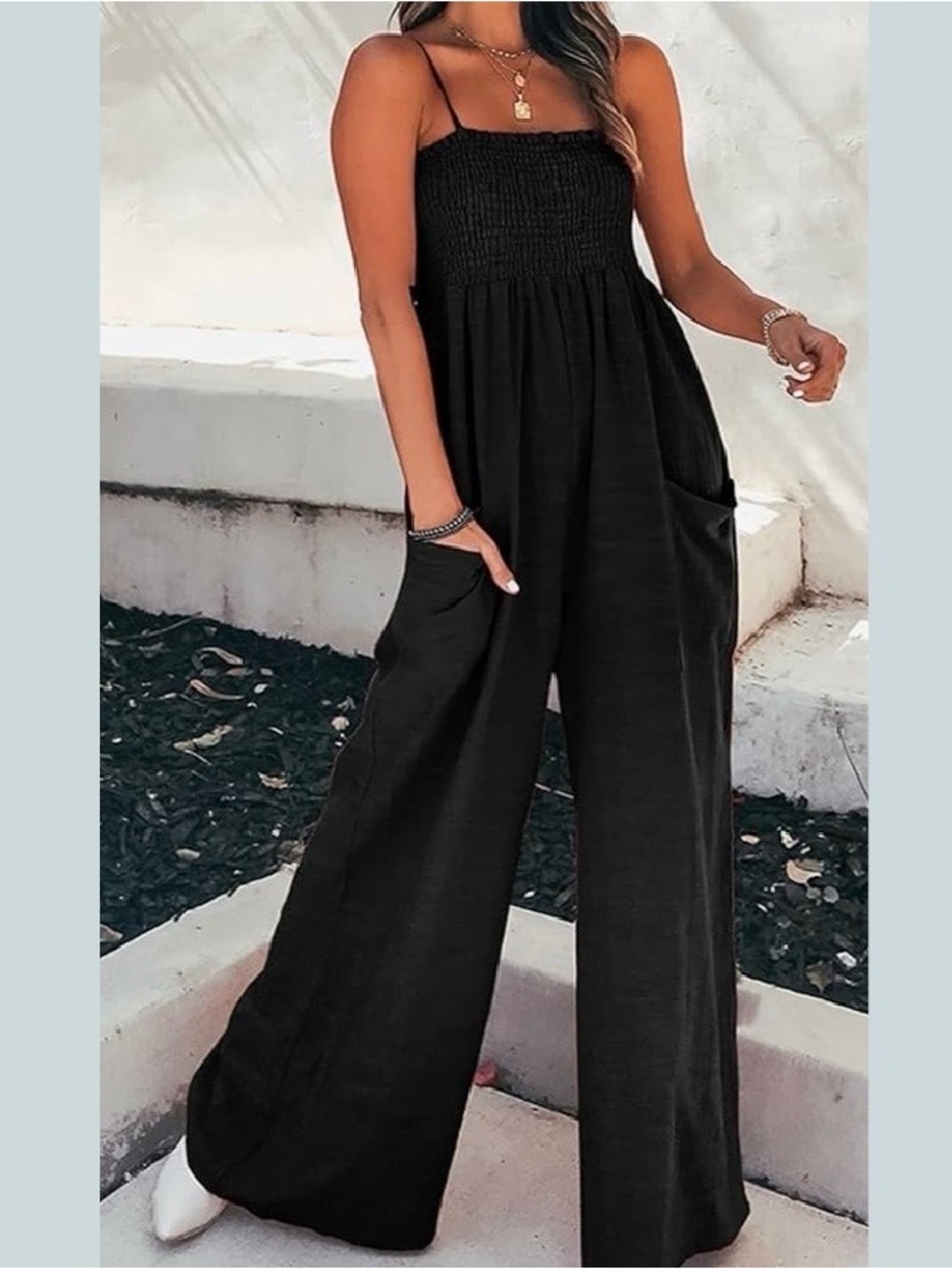 CUPSHE Black Smocked Jumpsuit